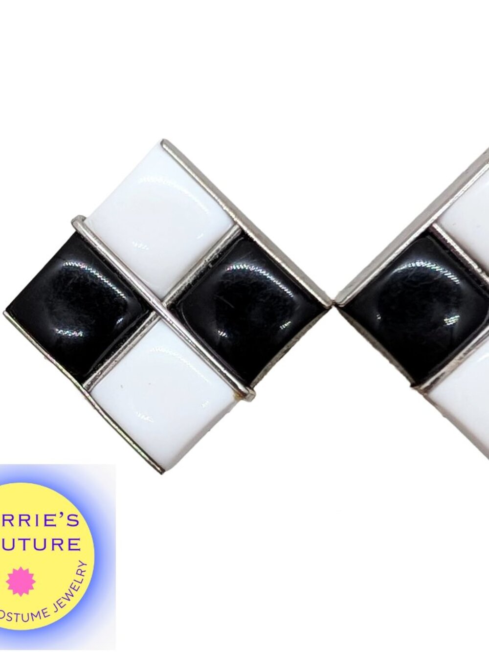 Vintage 1950s Signed Napier Square Black & White Resin Checkered Clip Earrings